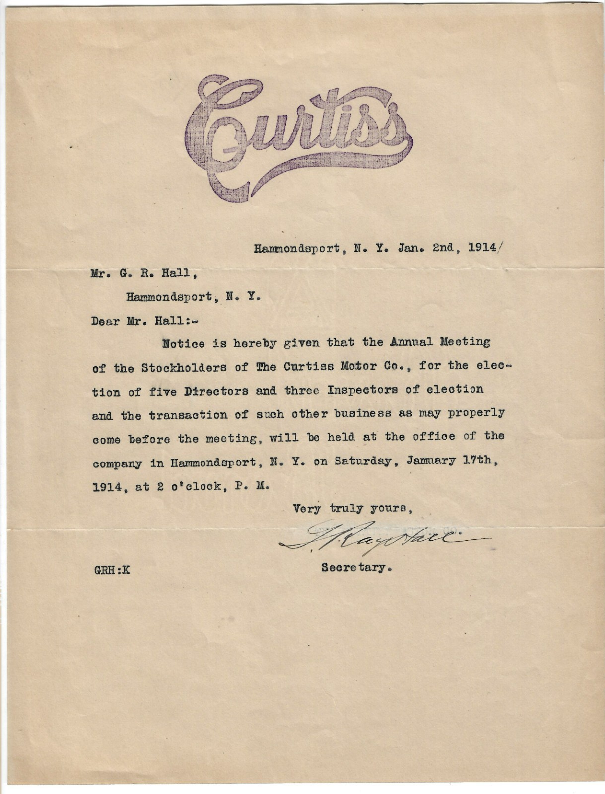 1914 Early Aviation Glenn Curtiss Aeroplane Motor Co Stockholders Meeting Letter