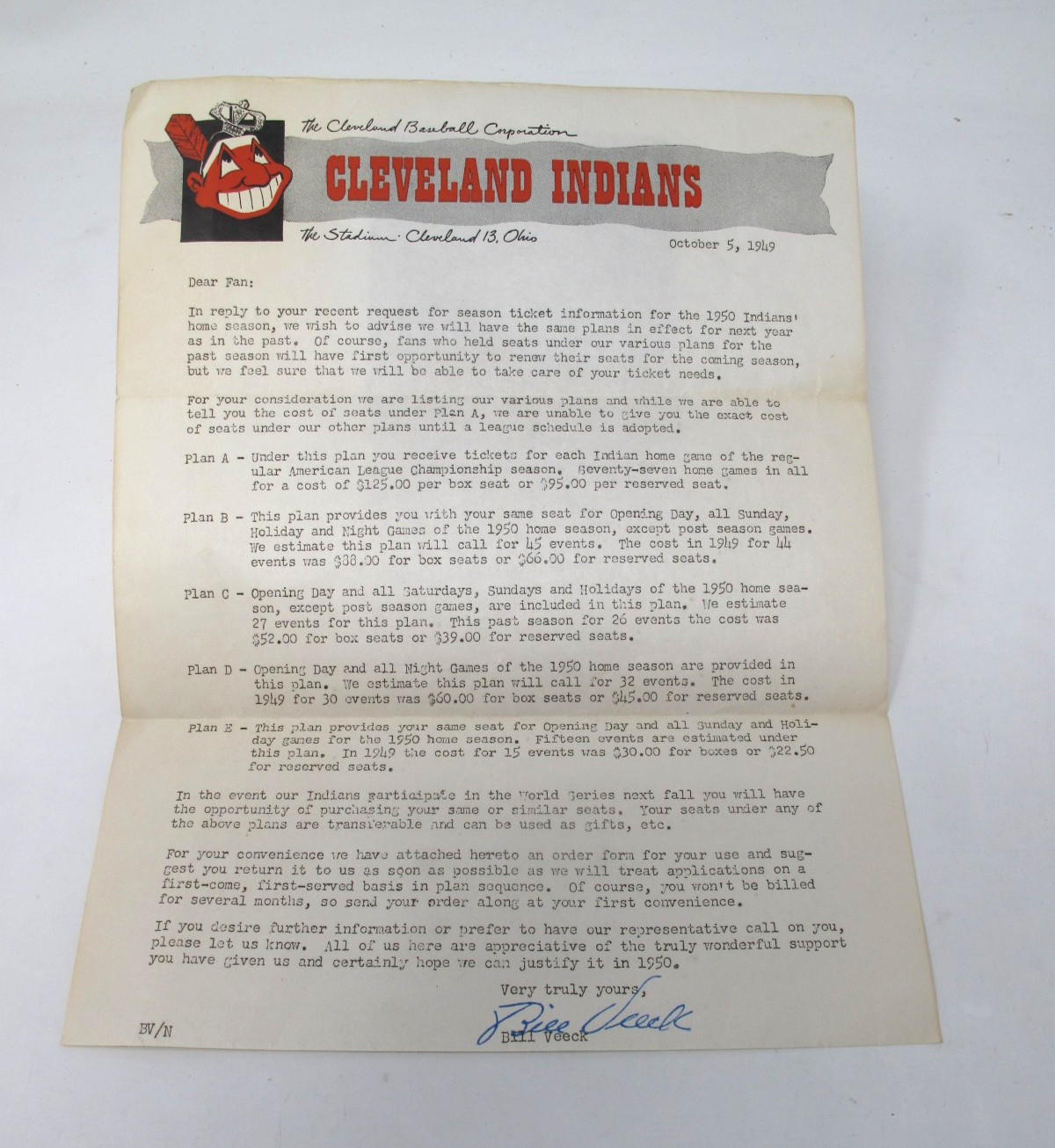 1949 Bill Veeck Signed CLEVELAND INDIANS Fan Letter Season Ticket Plan Pricing