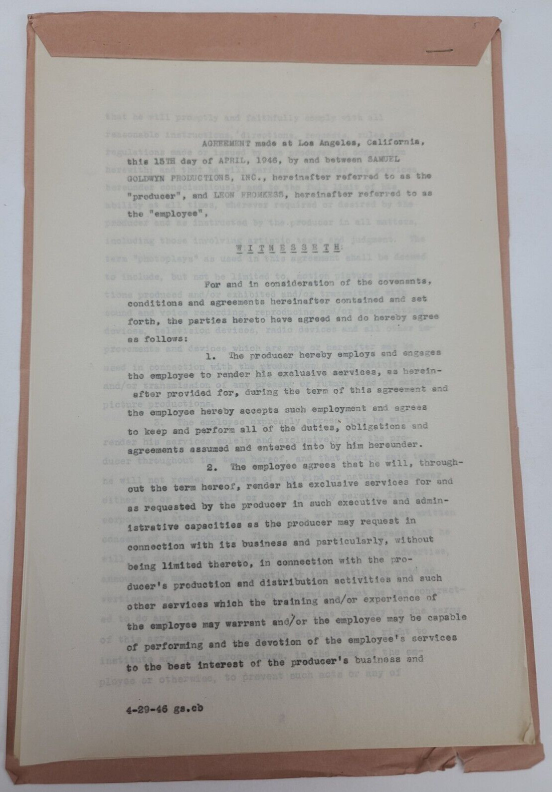 Leon Fromkess, 1946 signed Samuel Goldwyn Productions studio contract
