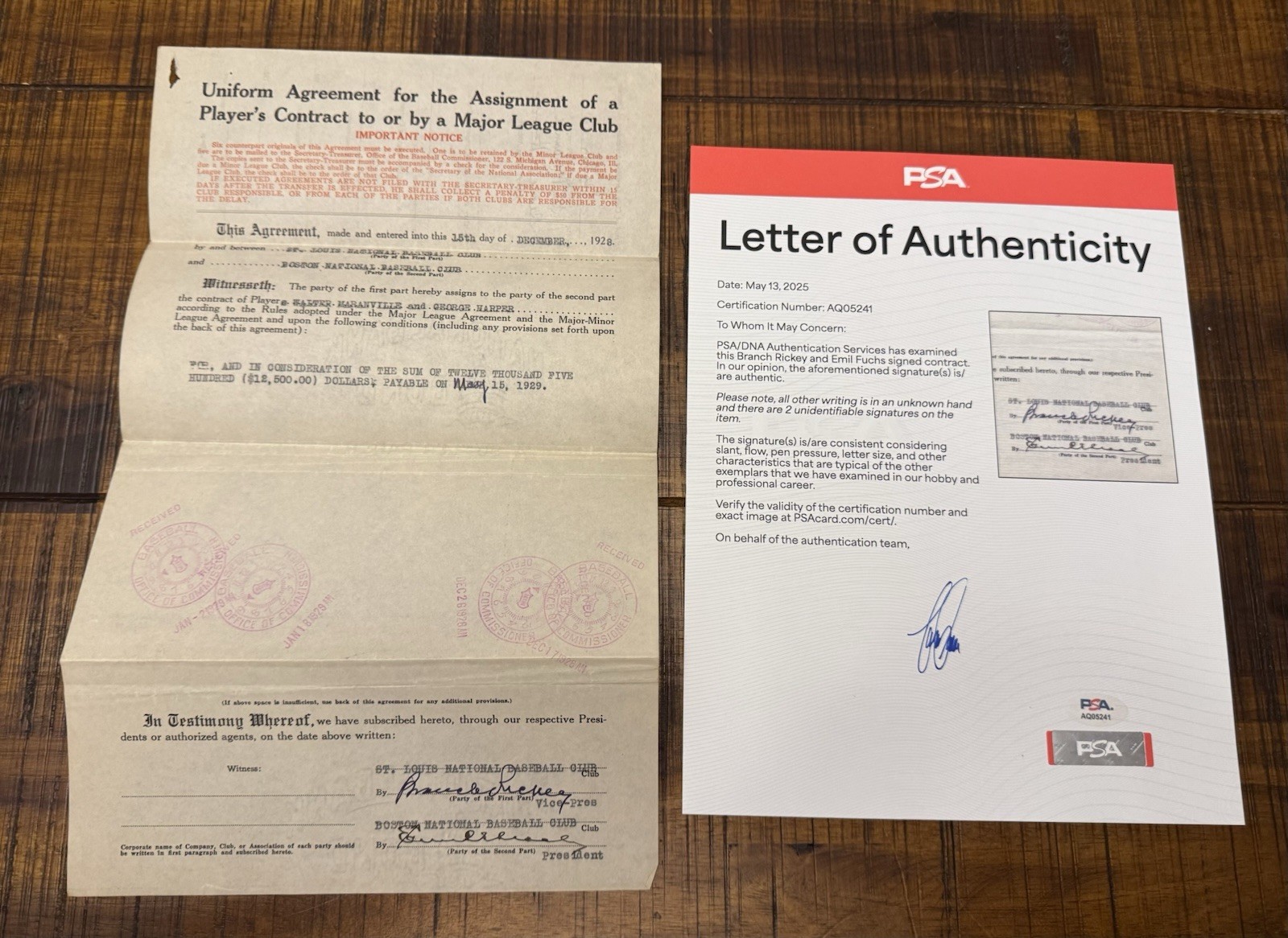 BRANCH RICKEY SIGNED 1928 ASSIGNMENT CONTRACT HOFER RABBIT MARANVILLE CARDINALS