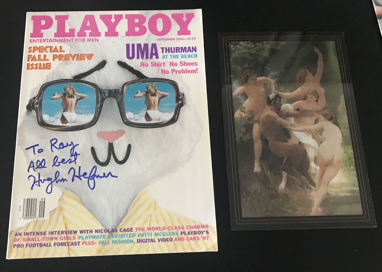 EXC ORIG HUGH HEFNER SIGNED SEPT 1996 PLAYBOY MAGAZINE + PARTY INVITE NICK CAGE
