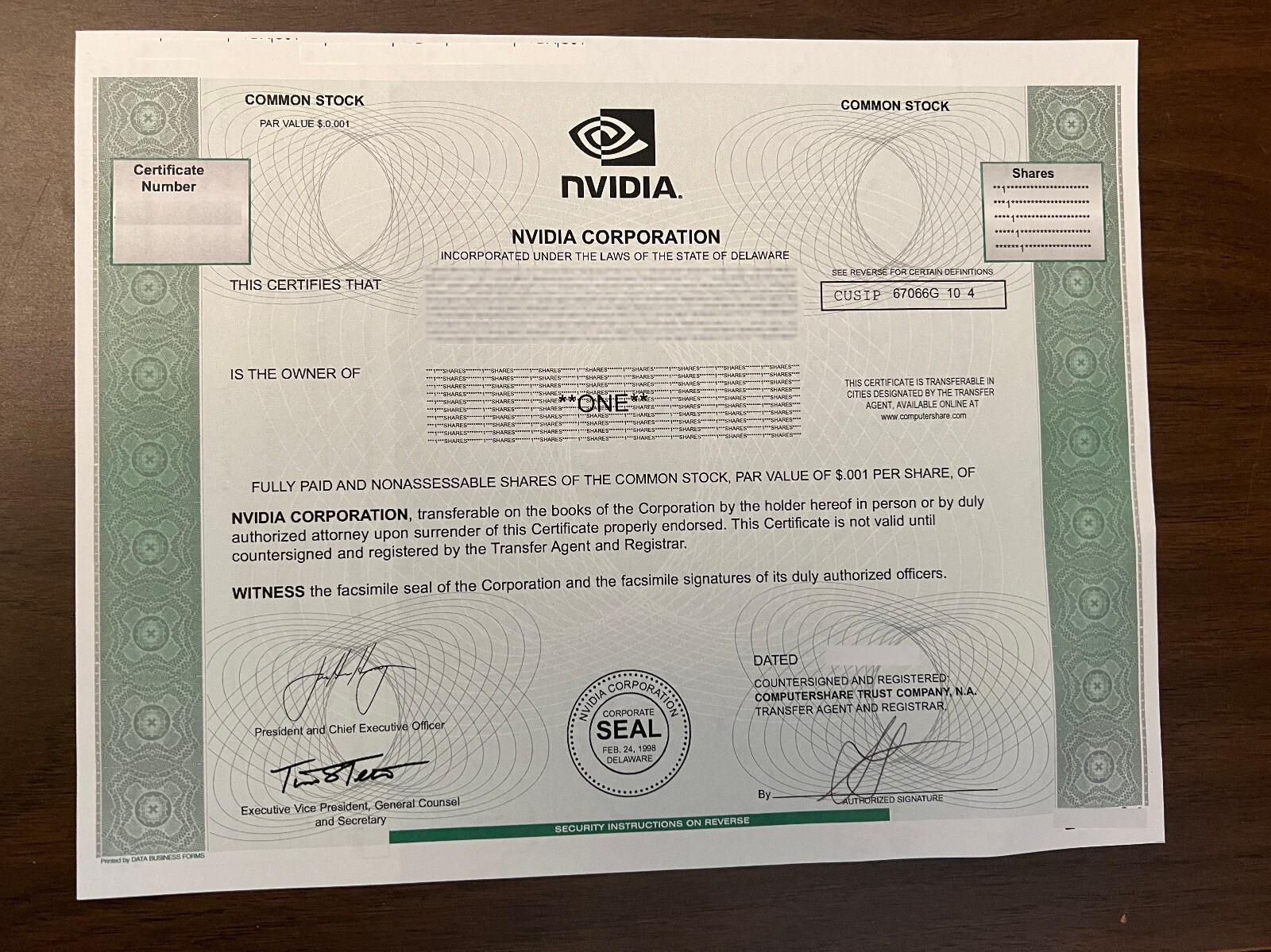 NVIDIA stock certificate Famous Technology Co. Jensen Huang digital signature