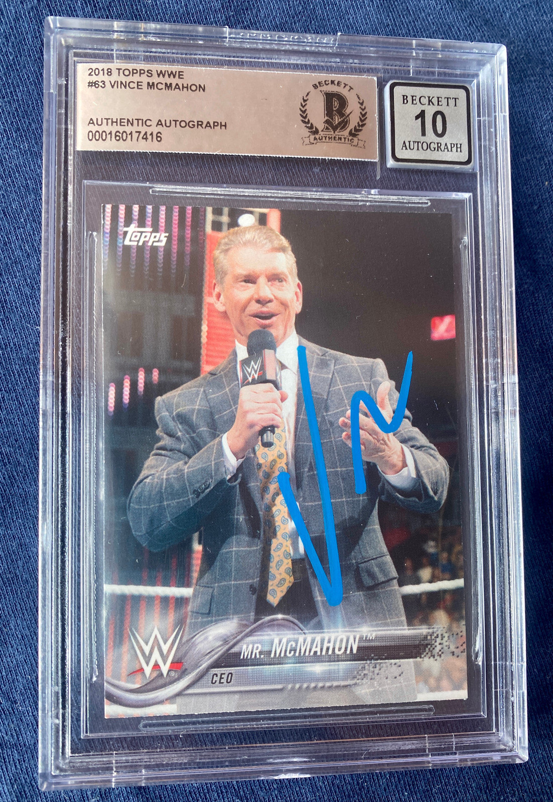 Vince McMahon Signed Auto Slabbed 2018 Topps WWE Card # 63 Beckett Auto Grade 10