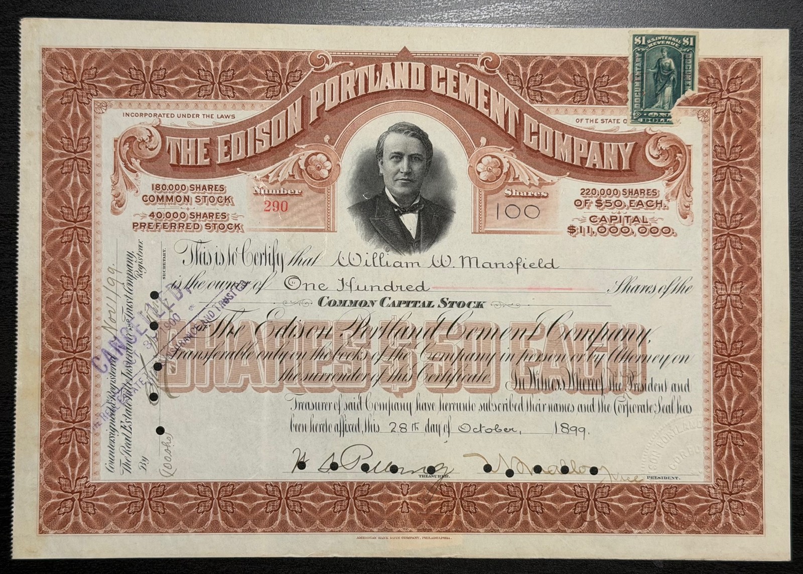 The Edison Portland Cement Company Stock Certificate 1899 Thomas Edison Vignette