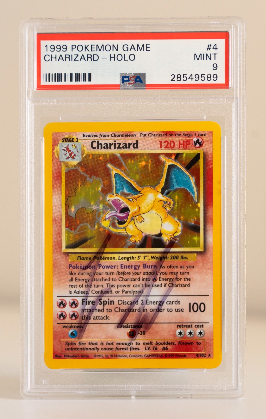 LOGAN PAUL SIGNED - 1999 POKEMON BASE SET UNLIMITED #4 CHARIZARD HOLO PSA 9