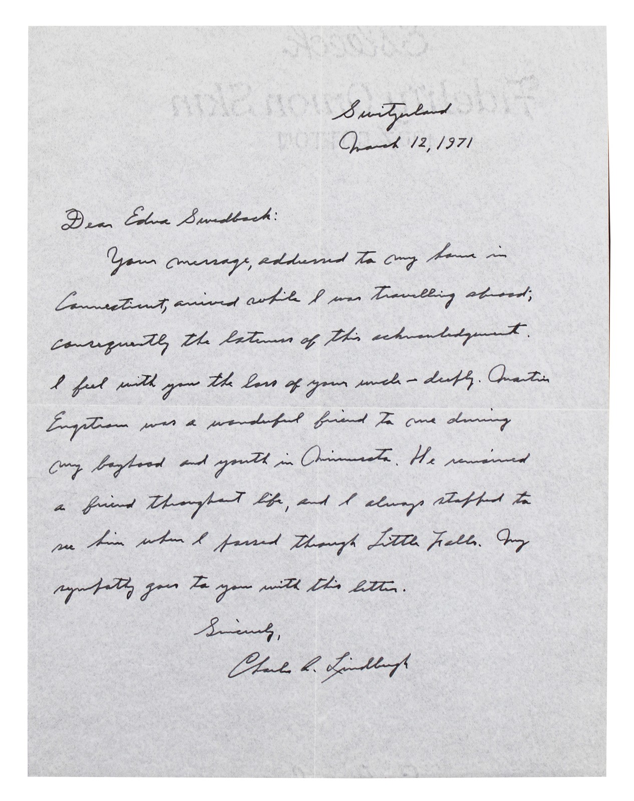 Charles Lindbergh Signed 8.5x11 1971 Handwritten Letter Auto 9! JSA #ZZ80611
