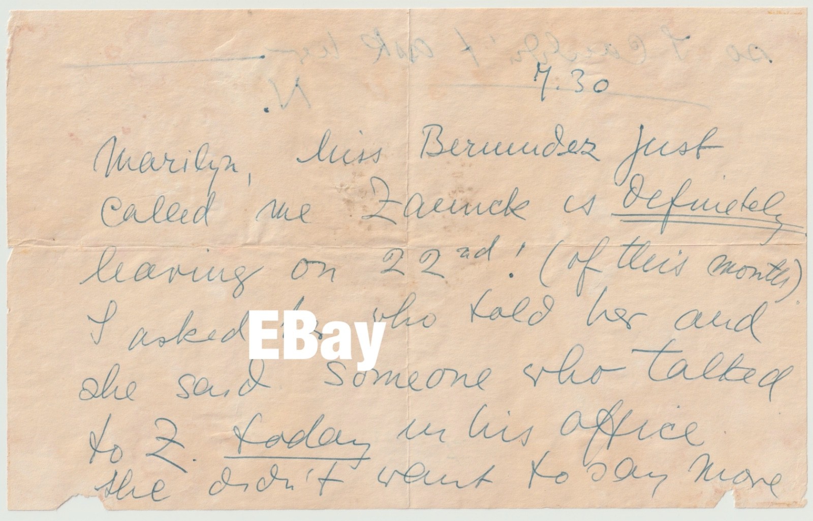 Marilyn Monroe Handwriiten Memo Re: Darryl F. Zanuck 20th Century Fox