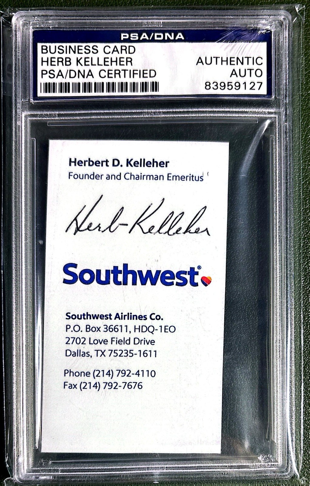 HERB KELLEHER Southwest Airlines Founder Signed Business Card Auto PSA