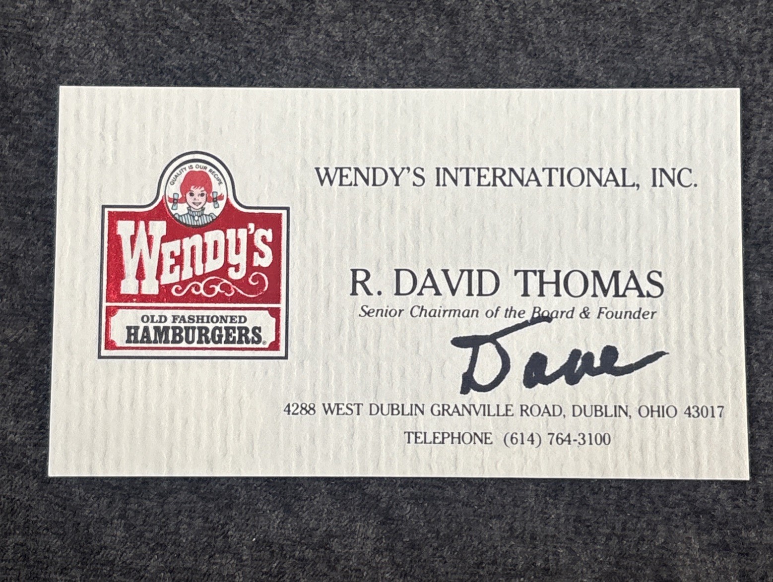 Dave Thomas Wendy’s Signed Business Card JSA Authentication