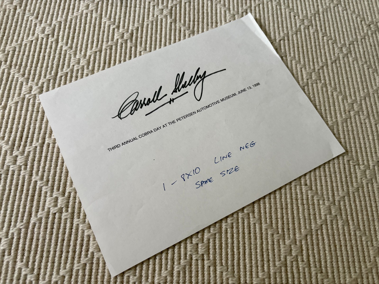 CARROLL SHELBY SIGNED Cobra Day At The Peterson PRACTICE SIG GT350 GT500 GT40 !!