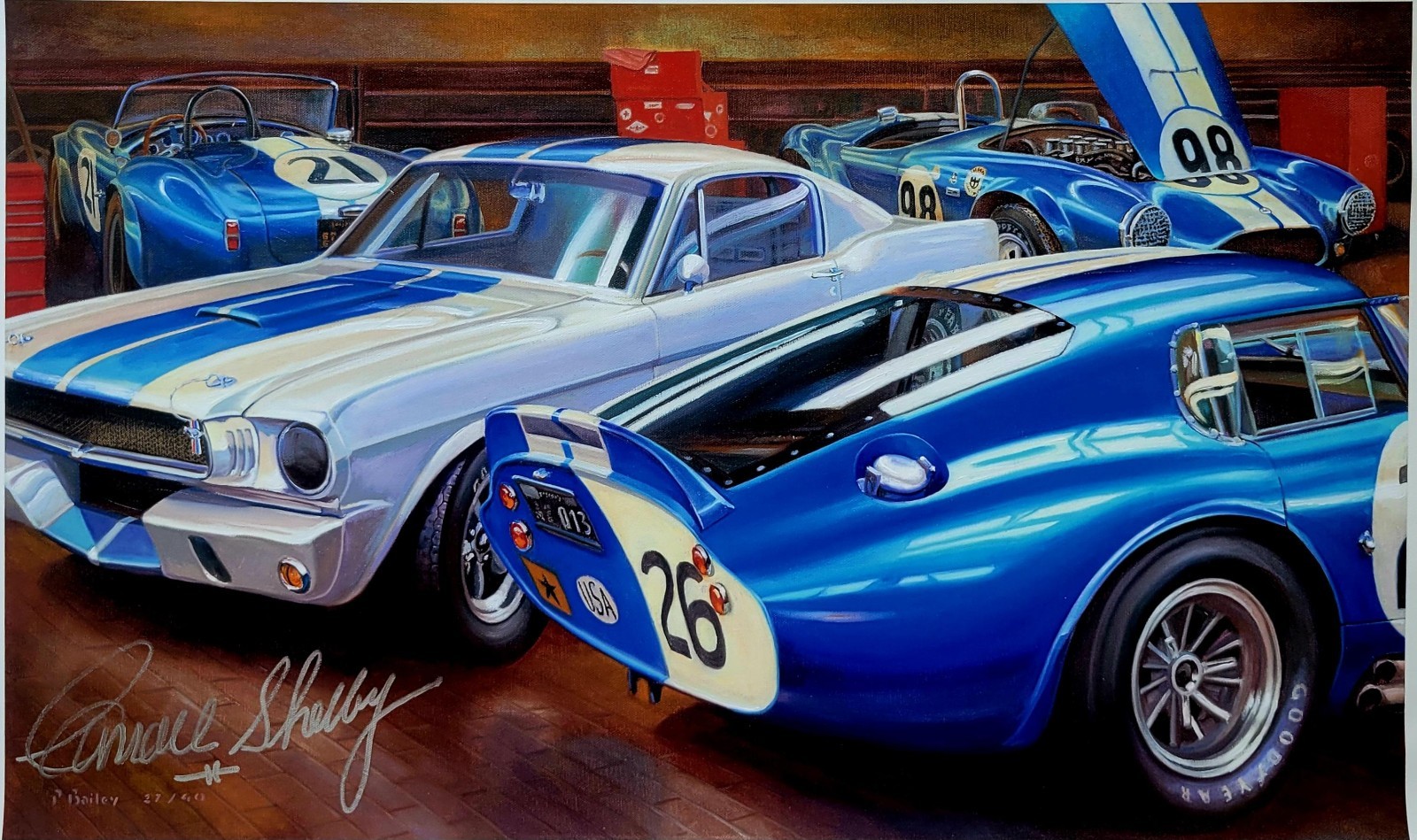 Shelby's Garaget Giclée Canvas Autographed by Carroll Shelby Pat Bailey
