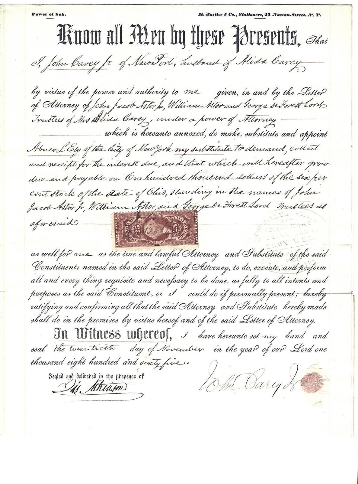 1865 John Jacob Astor Family $100,000 Bond Interest Document
