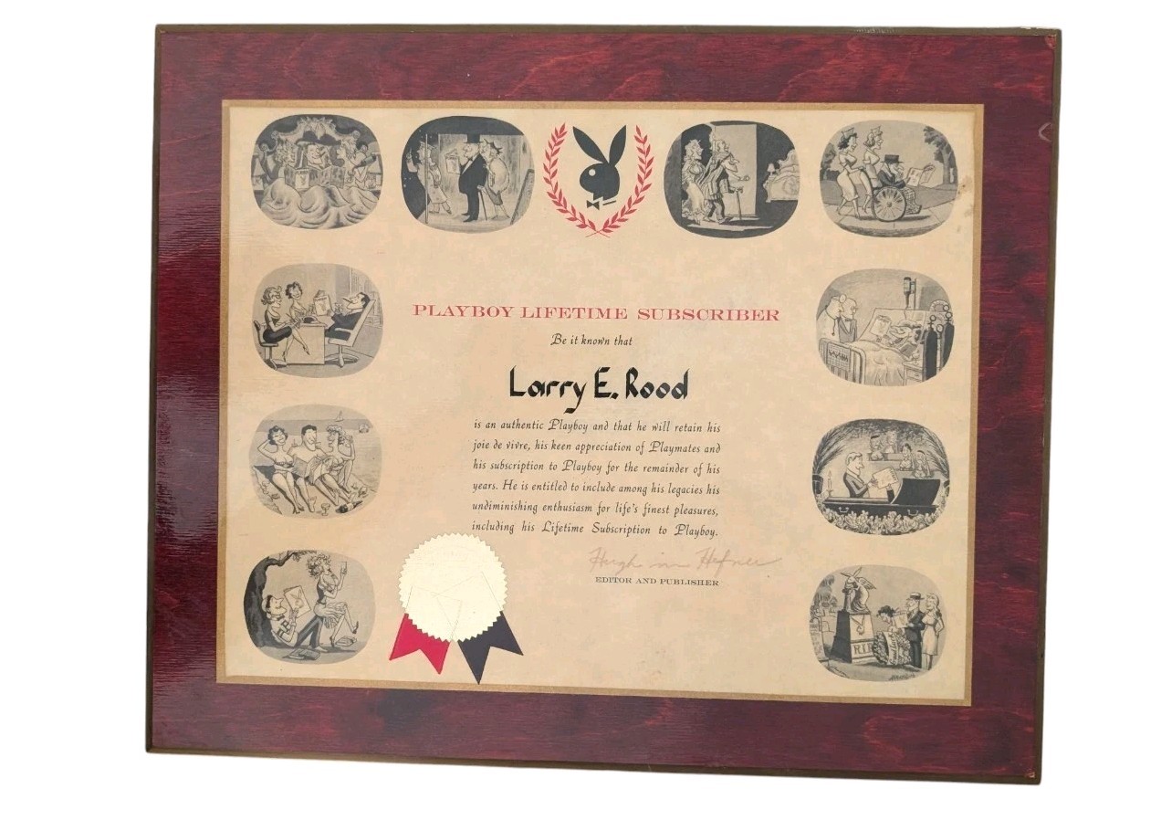Scarce • Lifetime Playboy Club Membership Certificate Plaque HUGH HEFNER Signed