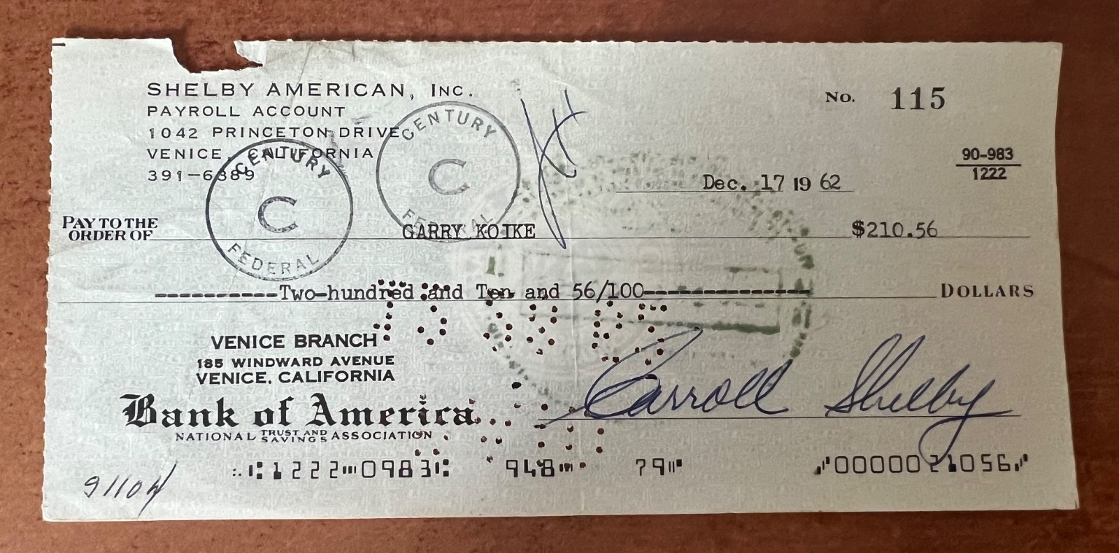 CARROLL SHELBY SIGNED Check 1962 Gary Koike racing cobra gt crew racing mechanic