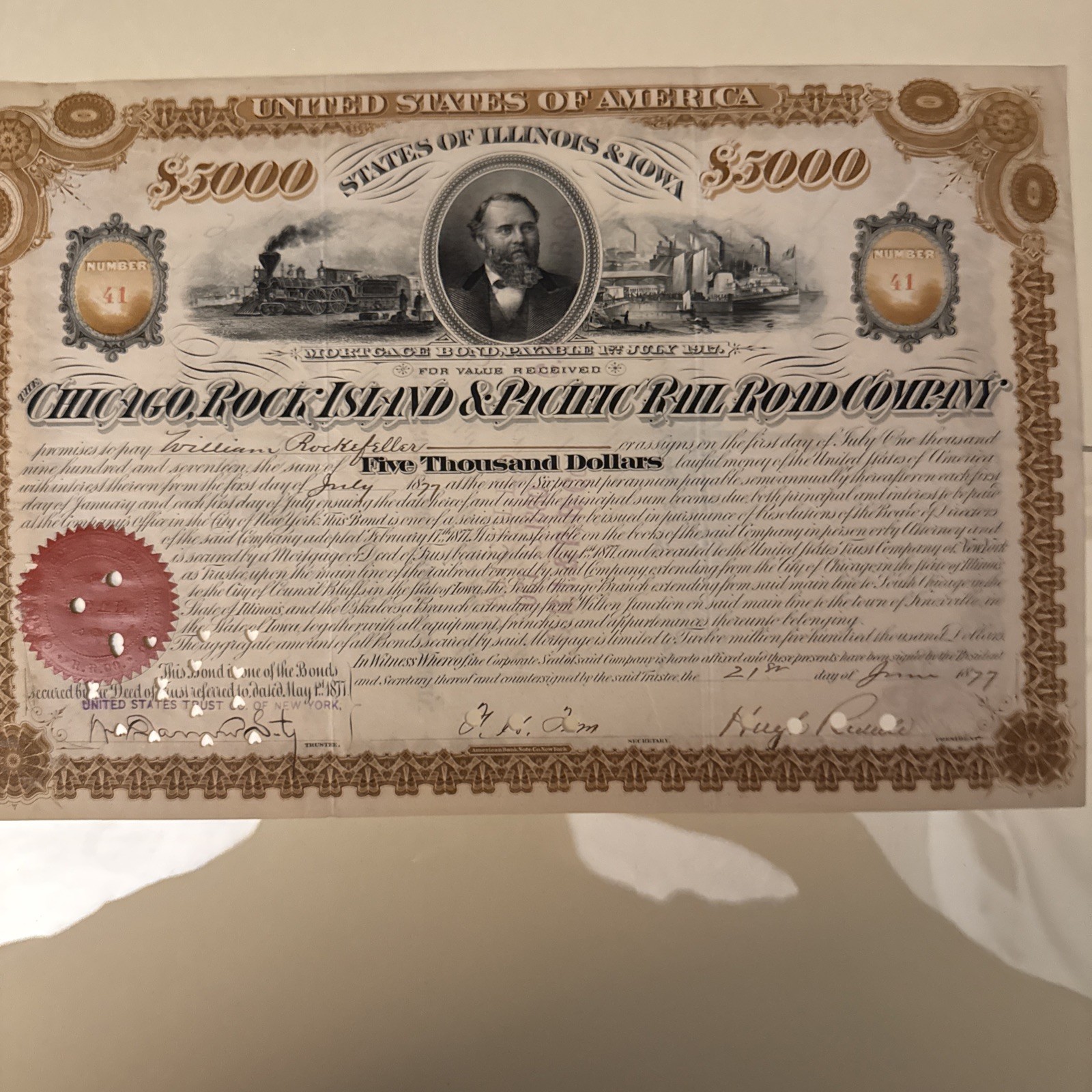 Chicago Rock Island Pacific Railroad Co. Stock Cert. Signed William Rockefeller