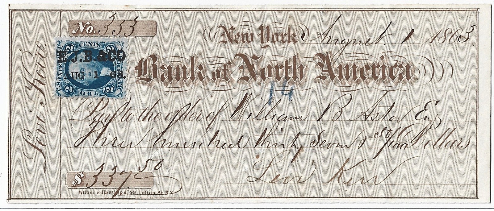 CIVIL WAR 1863 John Jacob Astor, Jr. Signed Bank Draft, RARE!!!