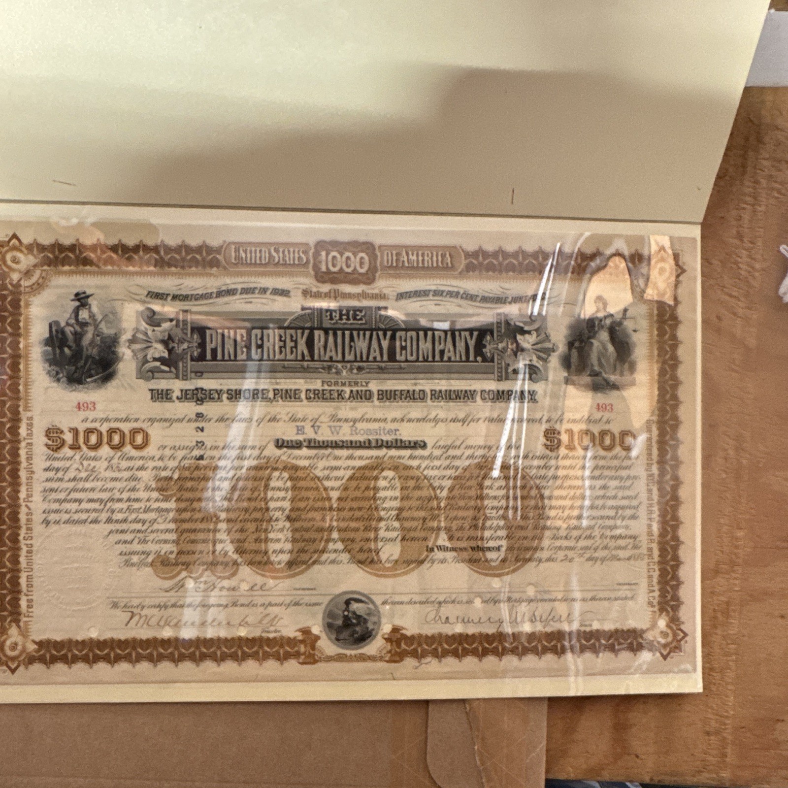 Pine Creek Railway Co. $1000 Bond Signed William K. 1Vanderbilt Chauncey Depew