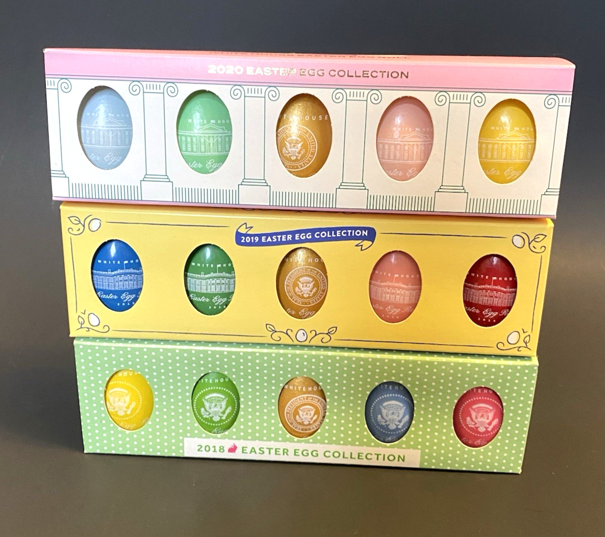 Lot of (3) White House Easter Egg Sets - 2018, 2019, 2020 Donald J. Trump Signed