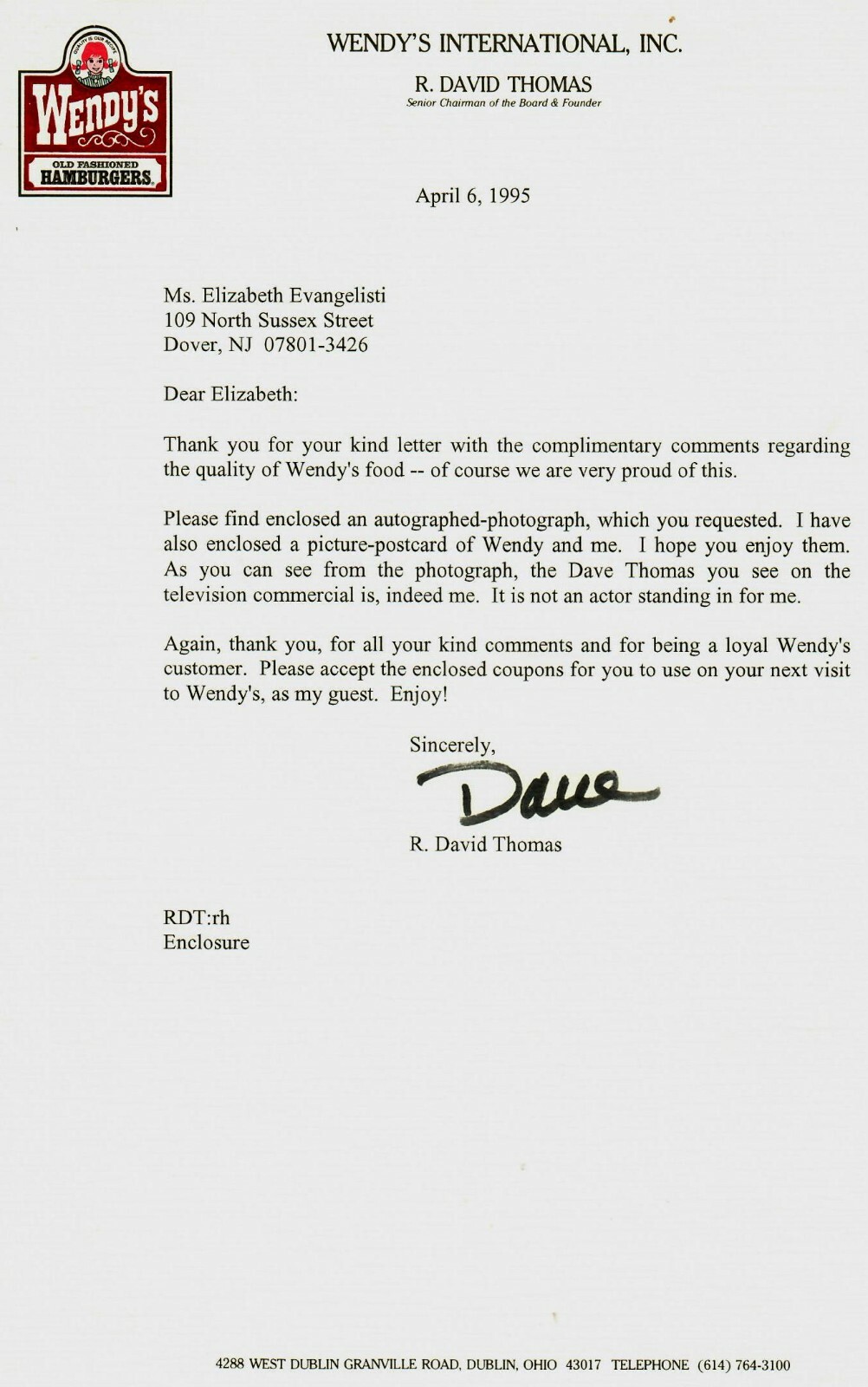 RARE! “Wendy's" Dave Thomas Hand Signed TLS Dated 1995 on Wendy's Letterhead