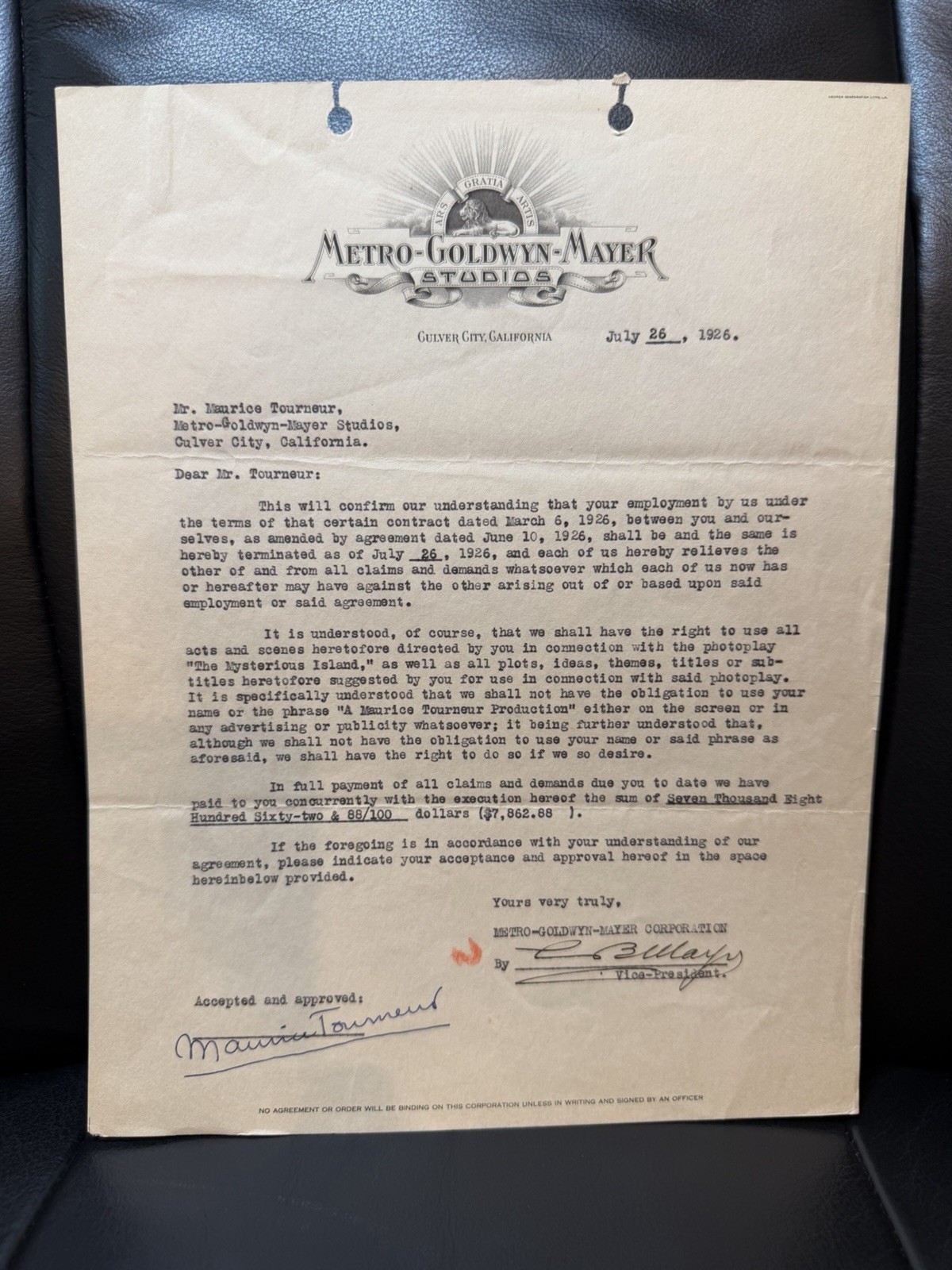 LOUIS B. MAYER - MAURICE TOURNEUR   1926 SIGNED Letter Of Understanding