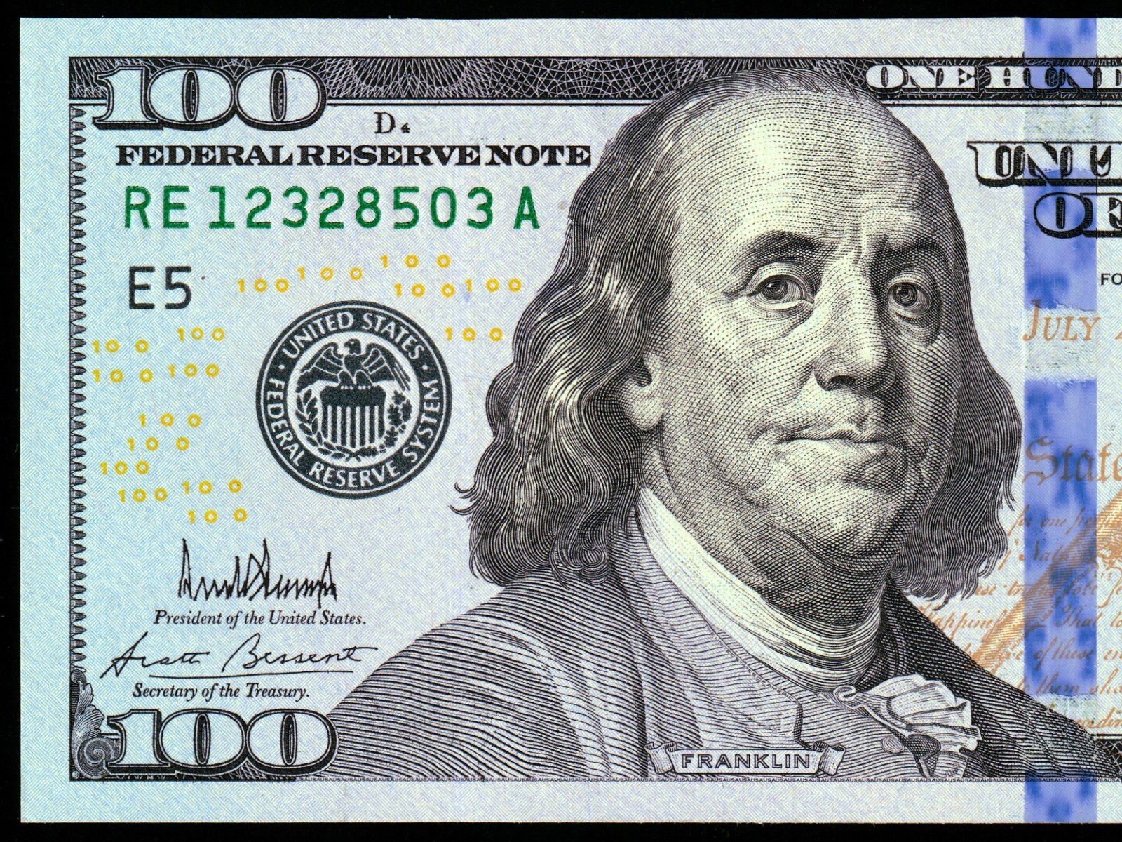 Series 2025 $100 Federal Reserve Note DONALD J TRUMP SIGNATURE. Fine Specimen