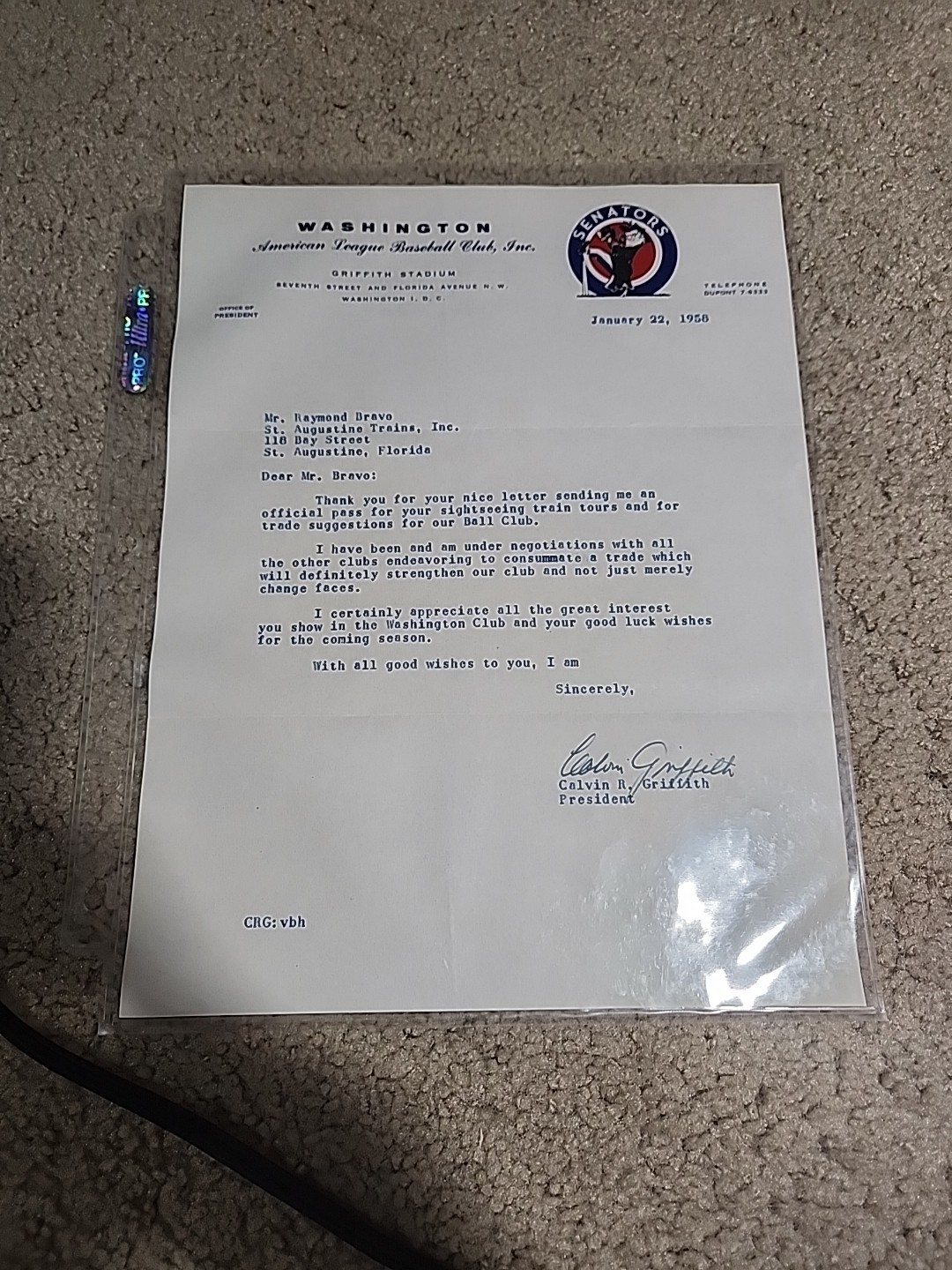 CALVIN GRIFFITH 1958 Washington Senators Signed Autographed Letter RARE BEAUTY⚾️