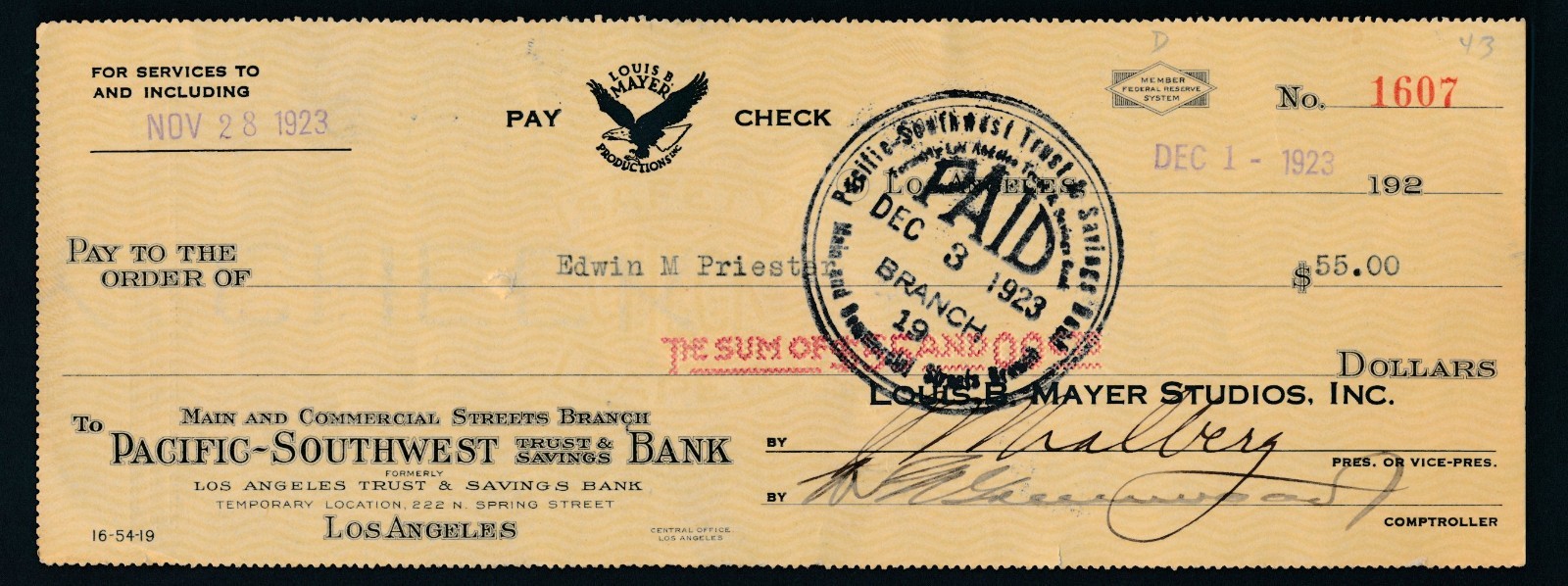 Irving Thalberg - 1923 Signed "Louis B Mayer Studios" Check - RARE Autograph