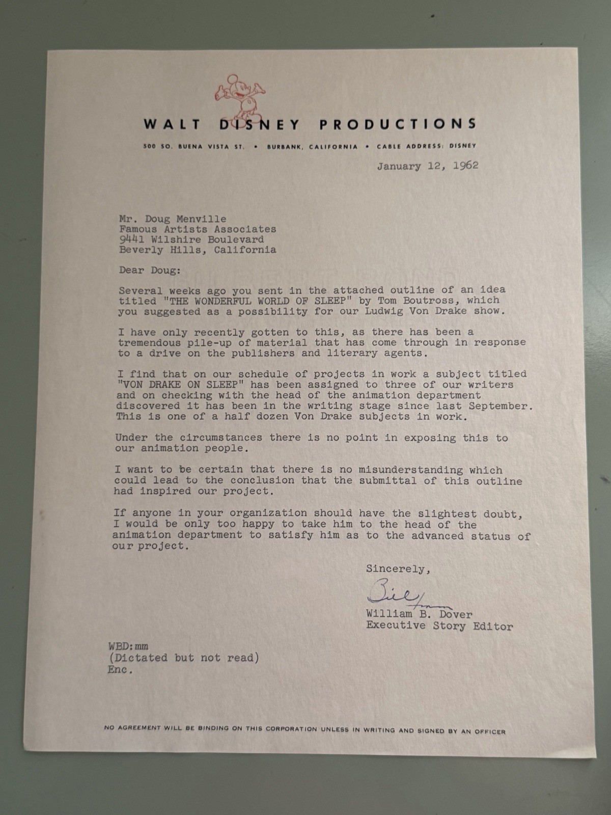1962 Walt Disney Studios Letter LUDWIG VON DRAKE Animation Story Development