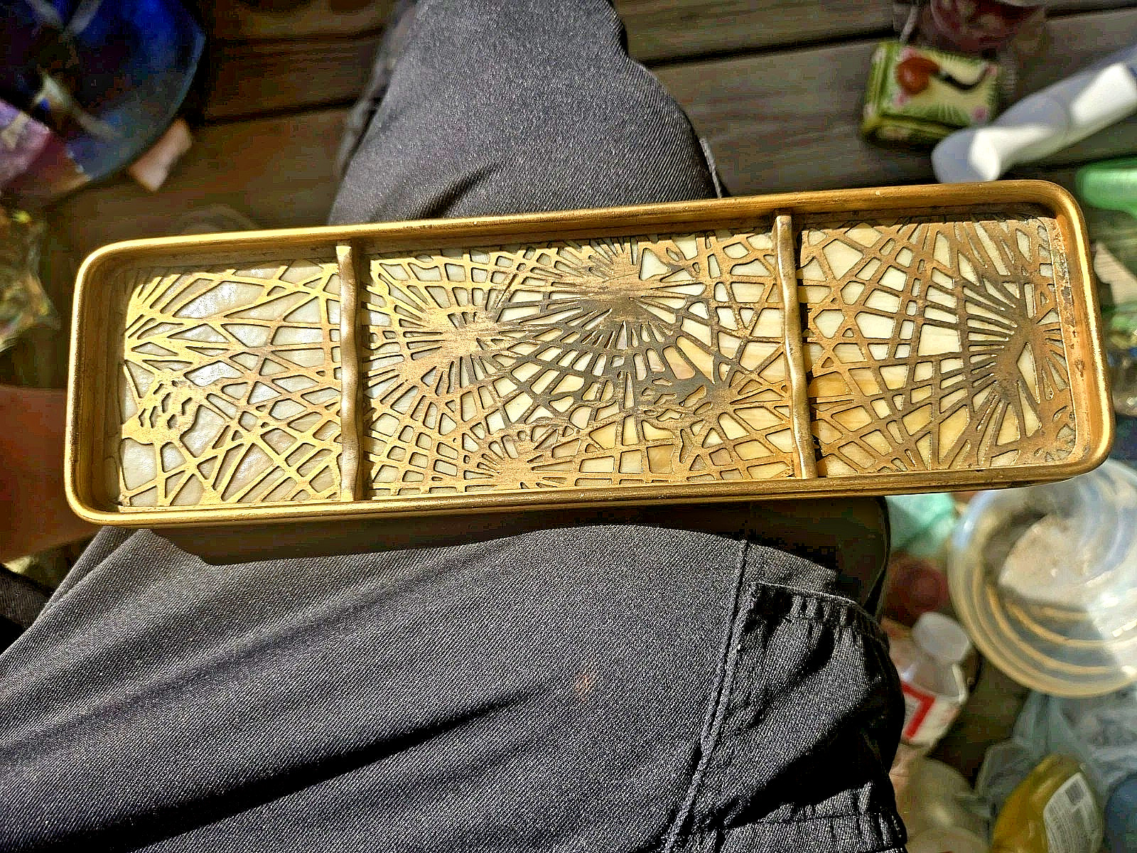 L.C. TIFFANY STUDIOS SIGNED PINE NEEDLES #1004 BRONZE & SLAG GLASS PEN TRAY-1910
