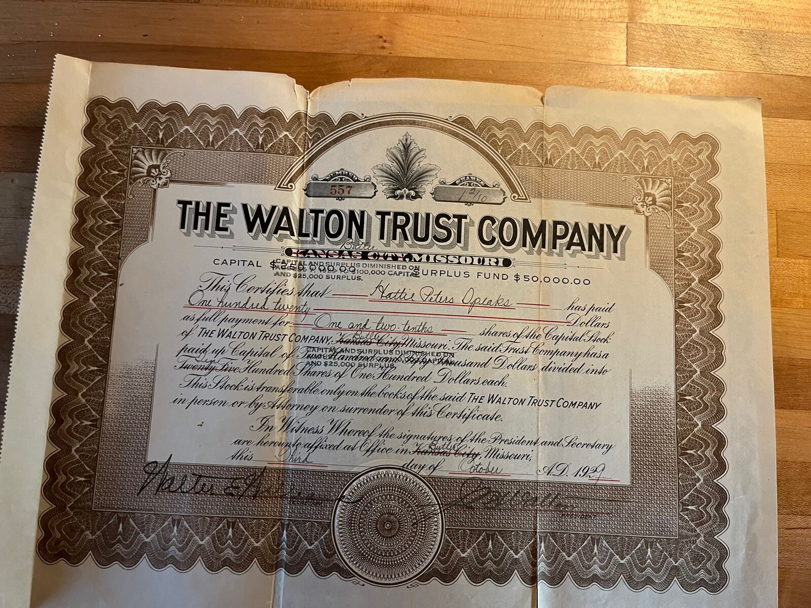 Thomas Walton Father Of Sam Walton Share Certificate Dated 1929 Signed Original
