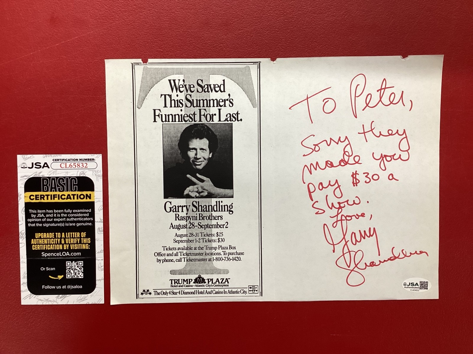 Gary Shandling SIGNED Trump Ad - JSA  (personalized) (sorry they made you pay..)