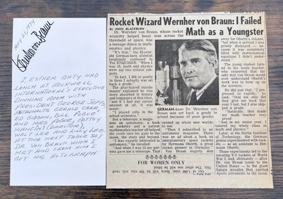 Wernher von Braun NASA Rocket Scientist Signed Paper Autograph w/ Newspaper