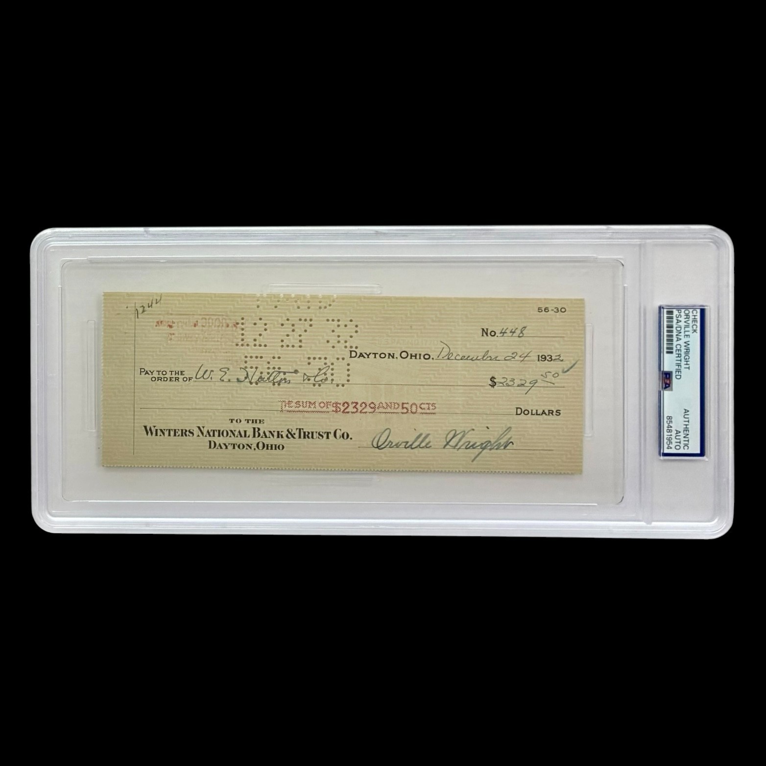 ORVILLE WRIGHT SIGNED CHECK WRIGHT BROTHERS PSA/DNA 85481954 Inventor Airplane