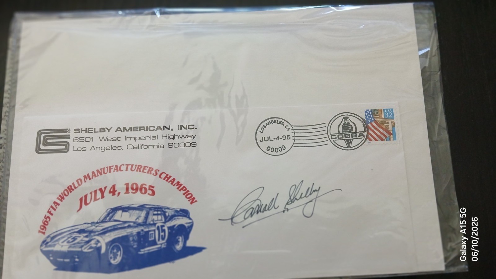 Carroll Shelby Autographed 1965 FIA World Manufactures Champion July 4,1965-1995