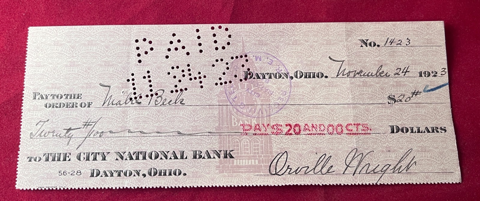 1923 Orville Wright SIGNED CHECK to his Secretary Mabel Beck / Aviation Brothers