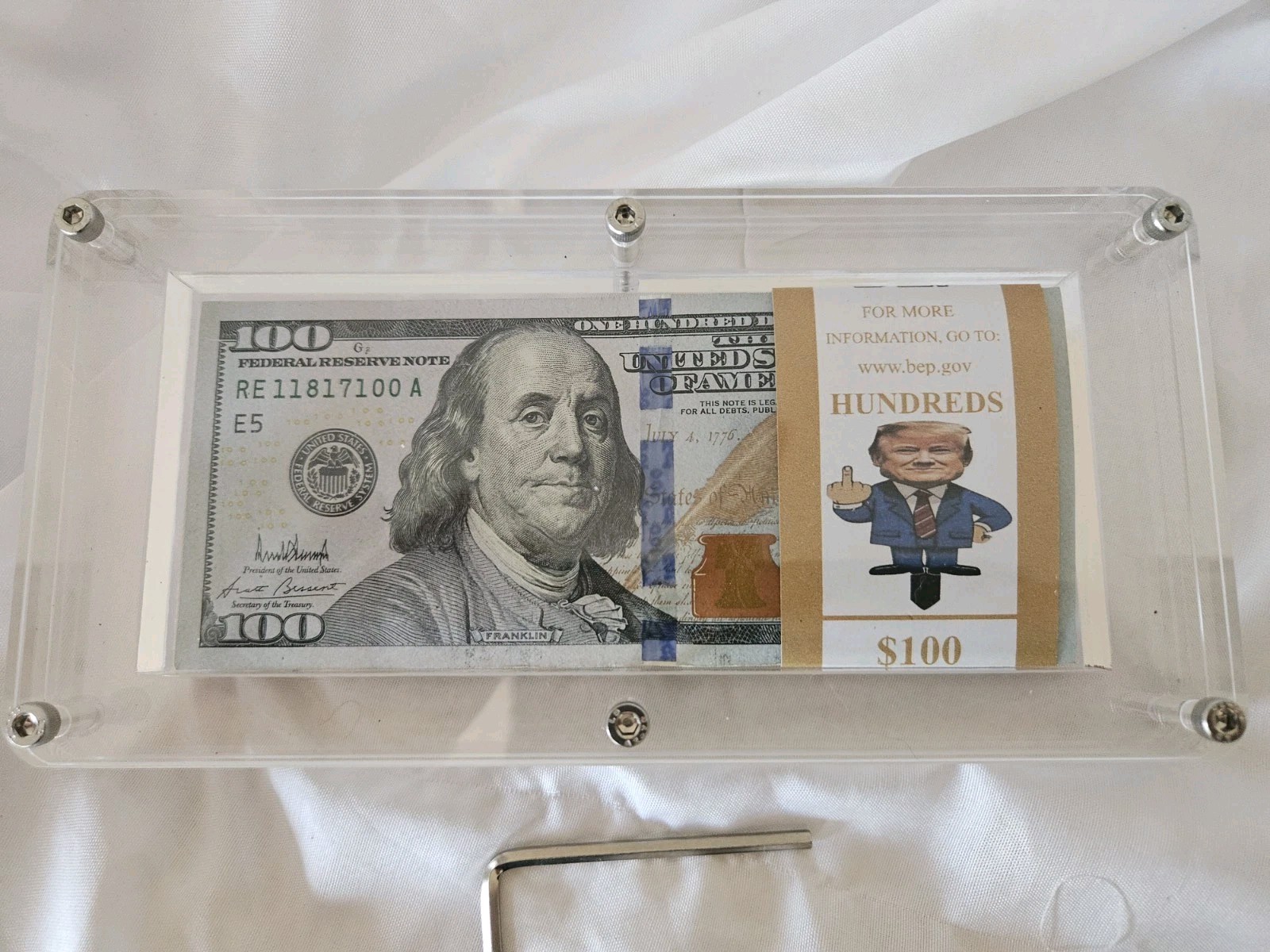 HILARIOUS FUNNY 2025 -UNCIRCULTD FREE ACRYLIC CASE  $100 Bill -  Trump Signature