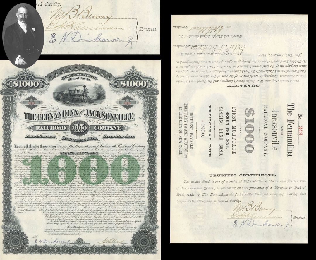 Fernandina and Jacksonville Railroad Bond signed by Edward H. Harriman - 1880