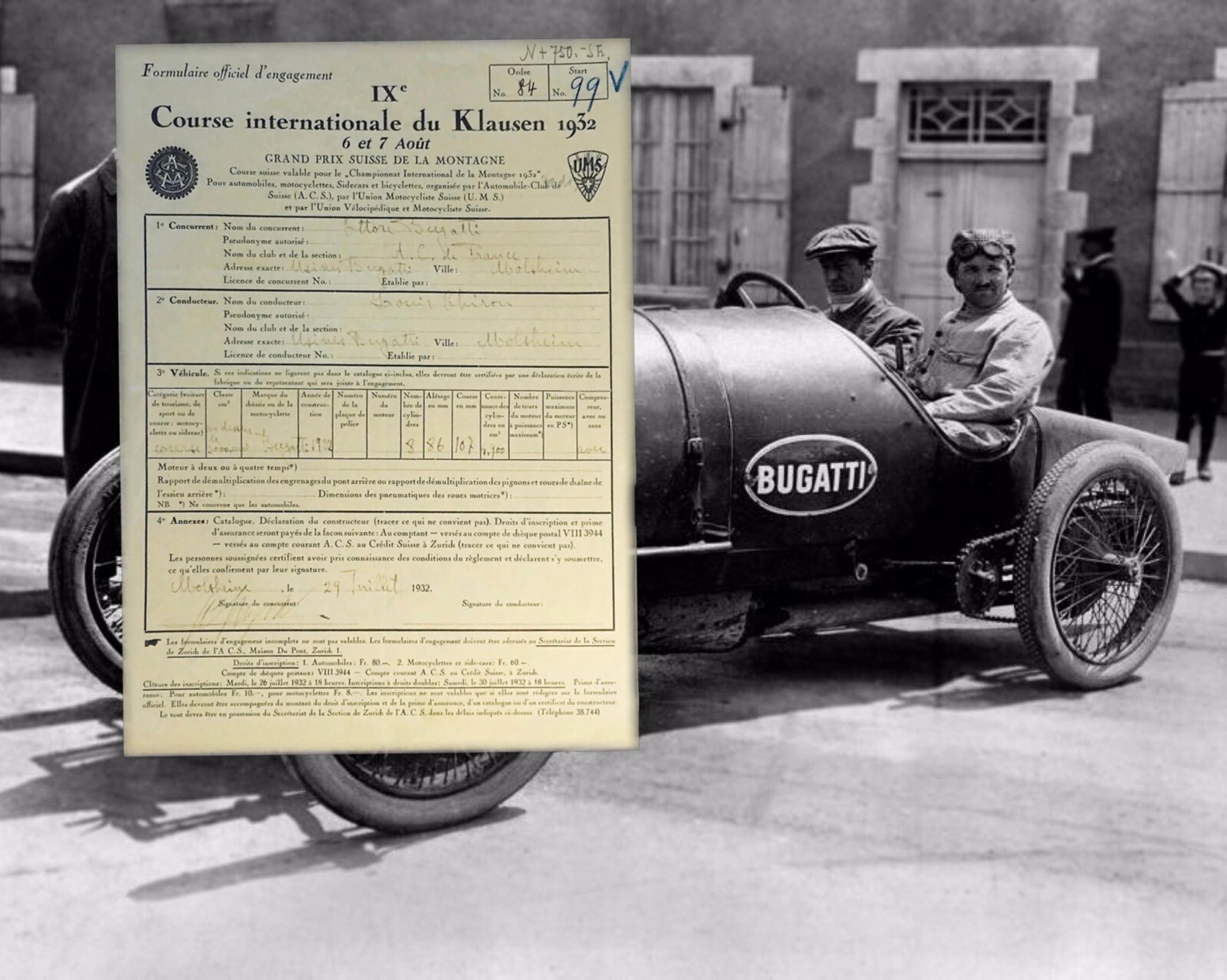 Rare Signed ETTORE BUGATTI 1932 Signed Racing For 	Louis Chiron Application F1