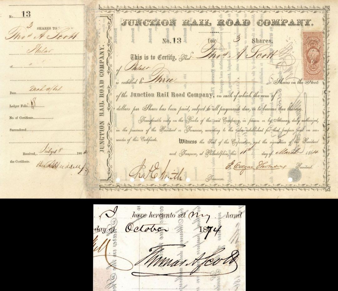 Junction Rail Road Co. Signed by Thomas A. Scott - 1864 Autographed Stock Cert