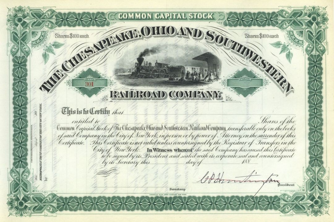 Chesapeake, Ohio and Southwestern Railroad Co. Signed by Collis P. Huntington