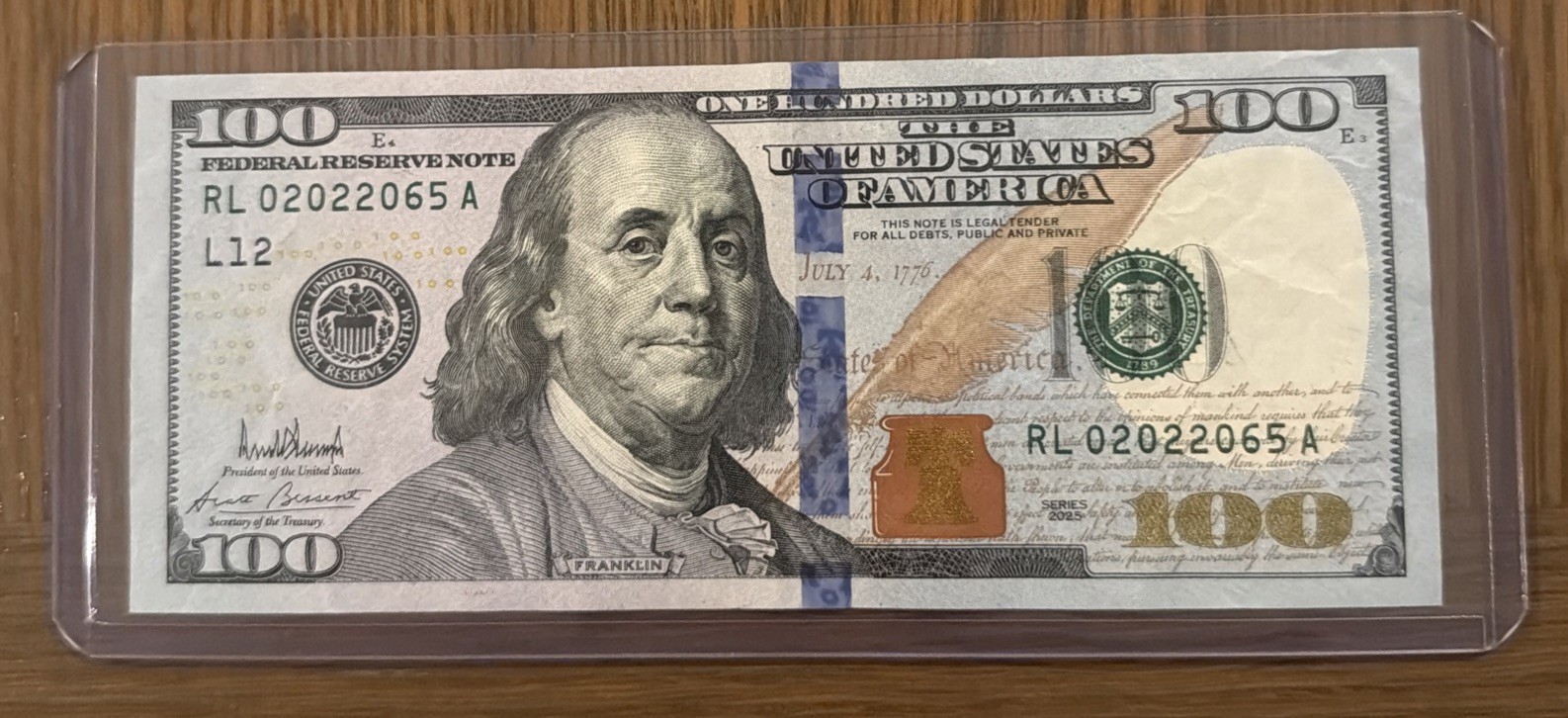2025 $100 Bill Donald Trump Signature Fancy  Serial RL 02022065 Crisp