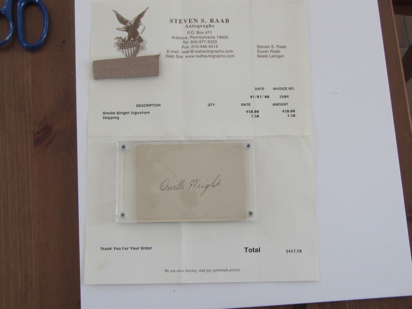 Orville Wright Signed Autograph Card With Letter from Raab Autographs.