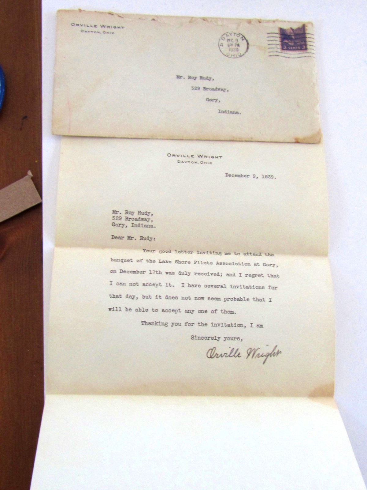 ORVILLE WRIGHT TYPED LETTER SIGNED 12/4/1939 WITH MAIL ENVELOPE GREAT CONDITION.