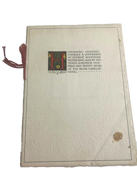 1927 CHARLES LINDBERGH DETROIT BOOK-CADILLAC BANQUET MENU - AVIATION - #1084