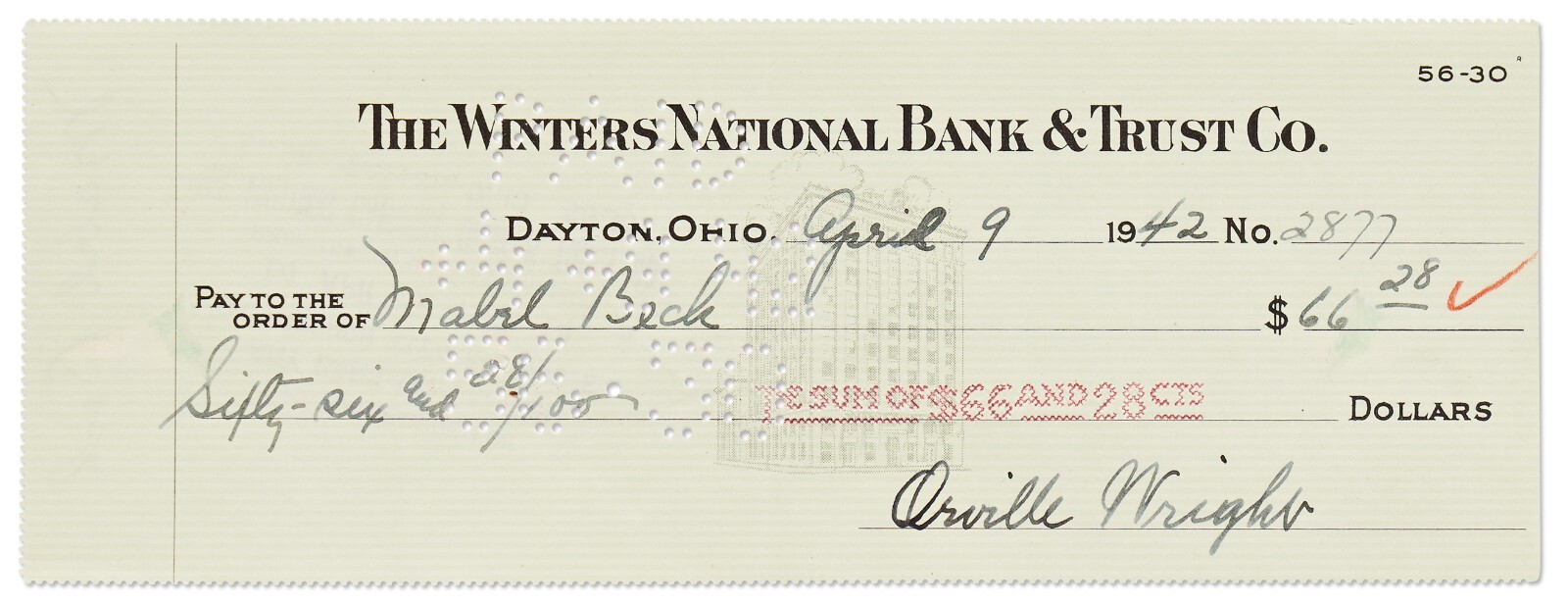 Orville Wright Check Signed in Mint Condition Dated April 9th, 1942