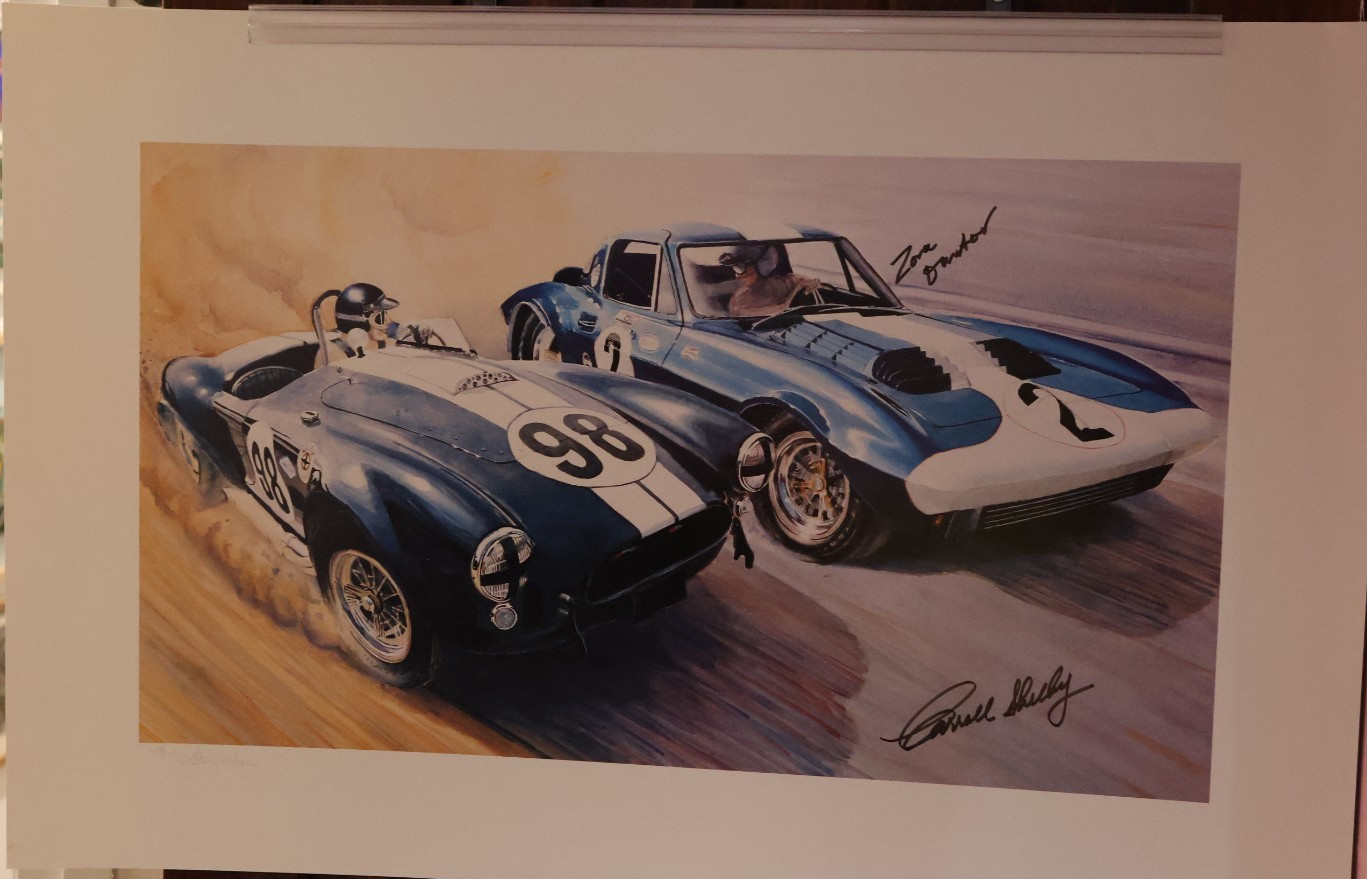 "COBRA VS VETTE" LTD ED PRINT #48/100 SIGNED BY CARROLL SHELBY/ZORA ARKUS DUNTOV