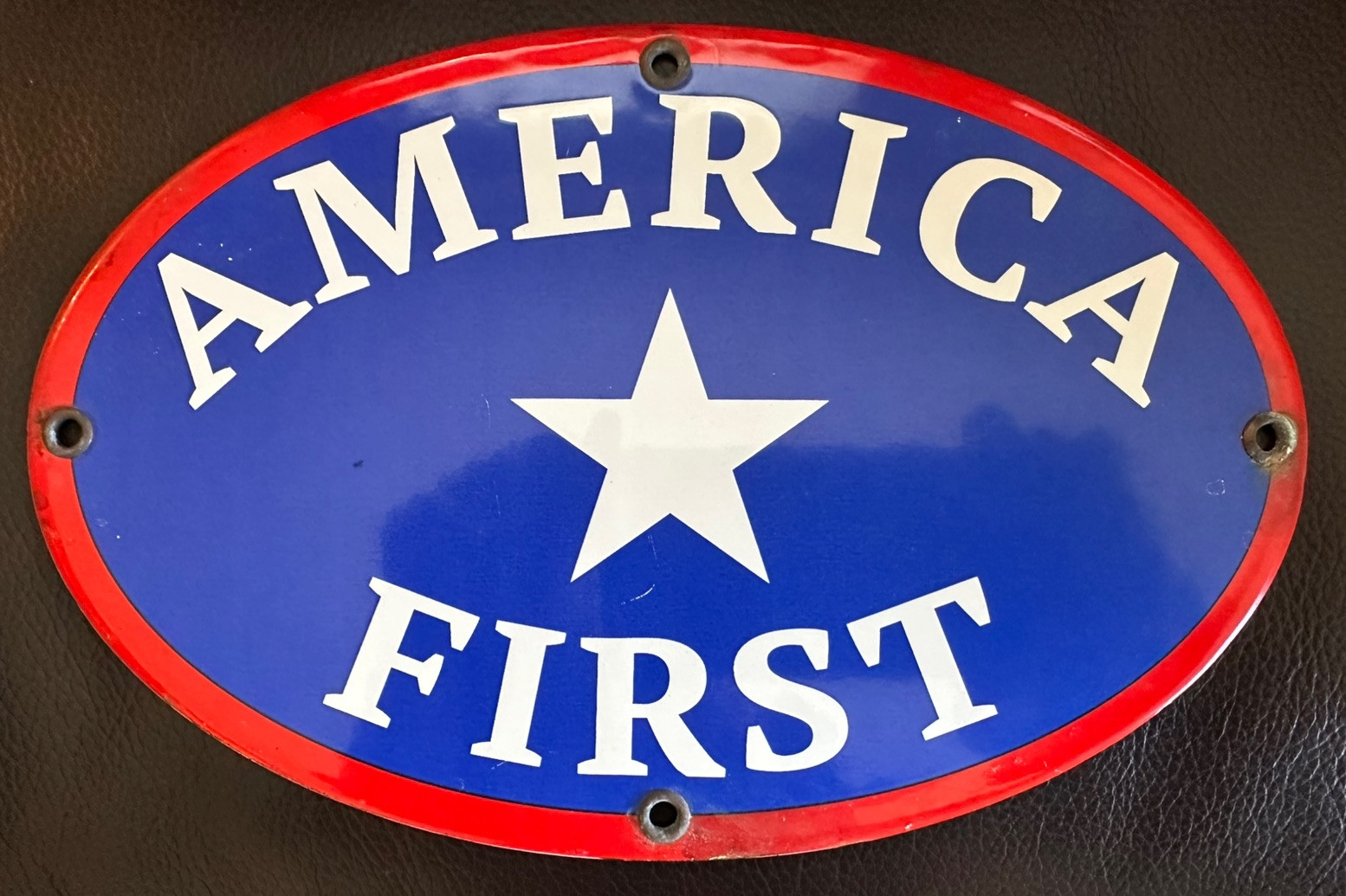 Porcelain “America First” Sign Pres. Trump Heavy Steel DOGE Gas & Oil