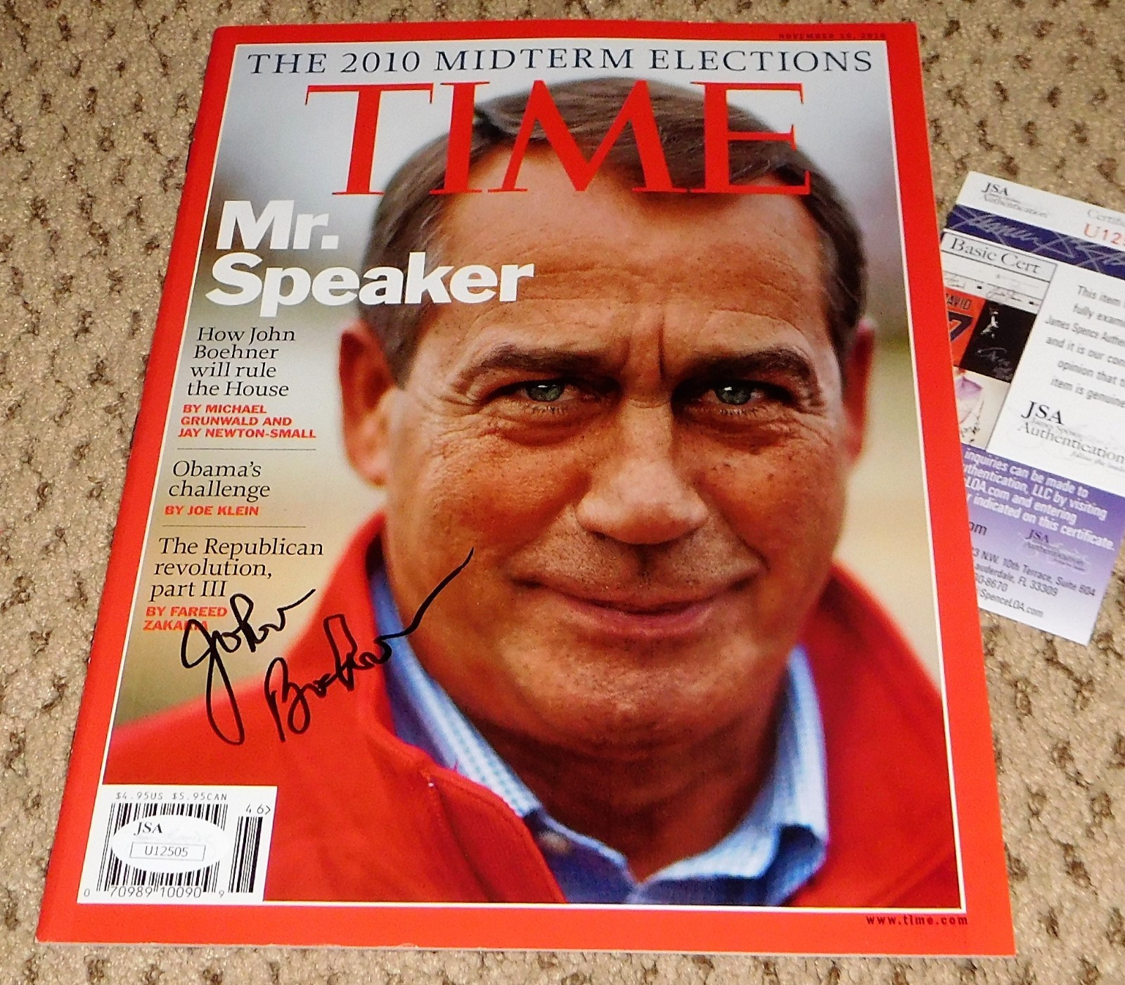 JOHN BOEHNER SIGNED TIME MAGAZINE AUTOGRAPH JSA COA MR. SPEAKER XAVIER BONER GOP