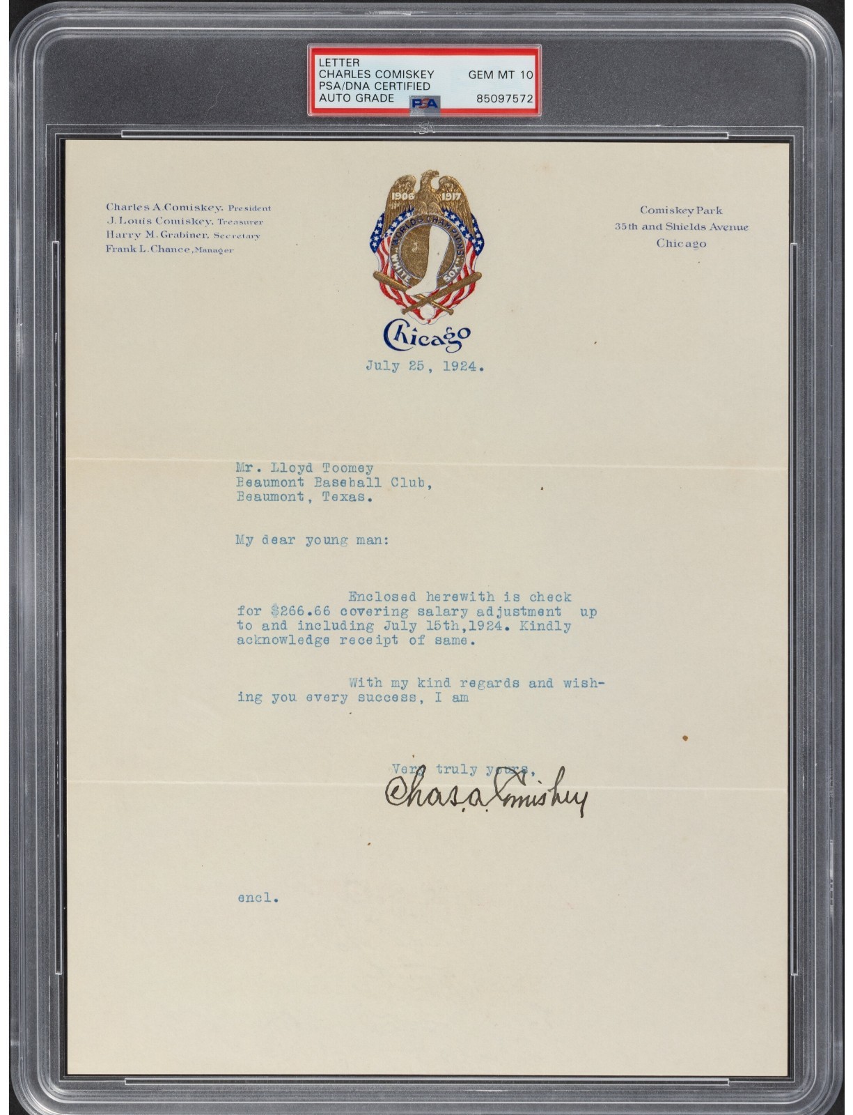 1924 Charles Comiskey Typed Signed Letter, PSA/DNA Gem Mint 10 Auto