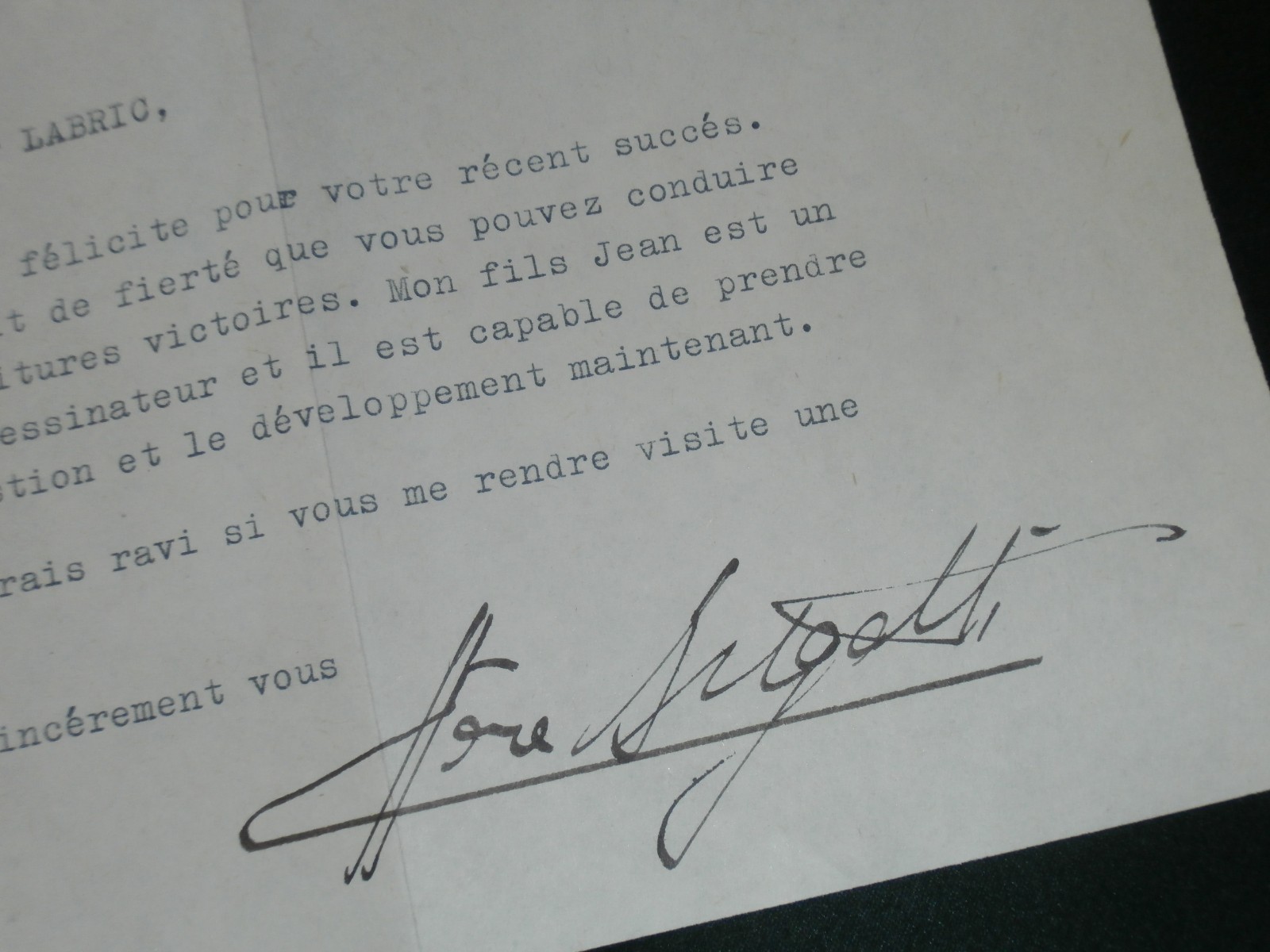 Ettore Bugatti in Molsheim 1936 , Brief mit Unterschrift / Autograph , Rennsport